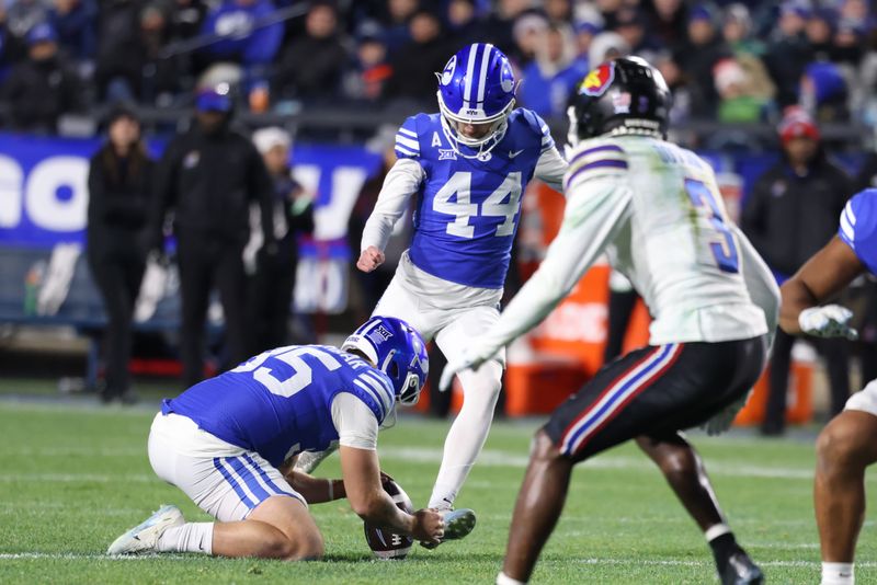 Nov 16, 2024; Provo, Utah, USA; Brigham Young Cougars place kicker Will Ferrin (44) kicks a field goal against the Kansas Jayhawks during the third quarter at LaVell Edwards Stadium. Mandatory Credit: Rob Gray-Imagn Images