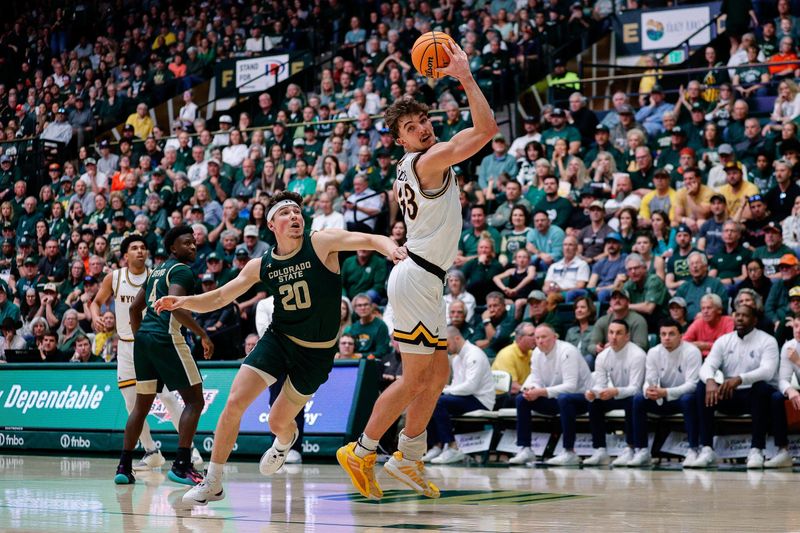 Mar 2, 2024; Fort Collins, Colorado, USA; Wyoming Cowboys forward Mason Walters (33) catches a pass ahead of Colorado State Rams guard Joe Palmer (20) in the second half at Moby Arena. Mandatory Credit: Isaiah J. Downing-USA TODAY Sports