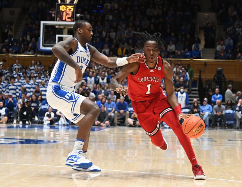 Feb 20, 2023; Durham, North Carolina, USA; Louisville Cardinals guard Mike James (1) moves to the basket as Duke Blue Devils forward Dariq Whitehead(0) defends during the first half at Cameron Indoor Stadium. Mandatory Credit: Rob Kinnan-USA TODAY Sports