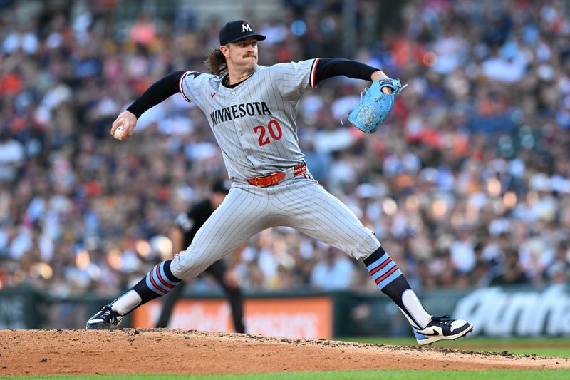 Jun 29, 2025; Detroit, Michigan, USA; Minnesota Twins starting pitcher Chris Paddack (20) throws a pitch against the Detroit Tigers in the third inning at Comerica Park. Mandatory Credit: Lon Horwedel-Imagn Images