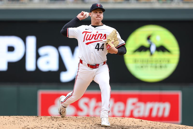 May 16, 2024; Minneapolis, Minnesota, USA; Minnesota Twins relief pitcher Cole Sands (44) delivers a pitch against the New York Yankees during the seventh inning at Target Field. Mandatory Credit: Matt Krohn-USA TODAY Sports