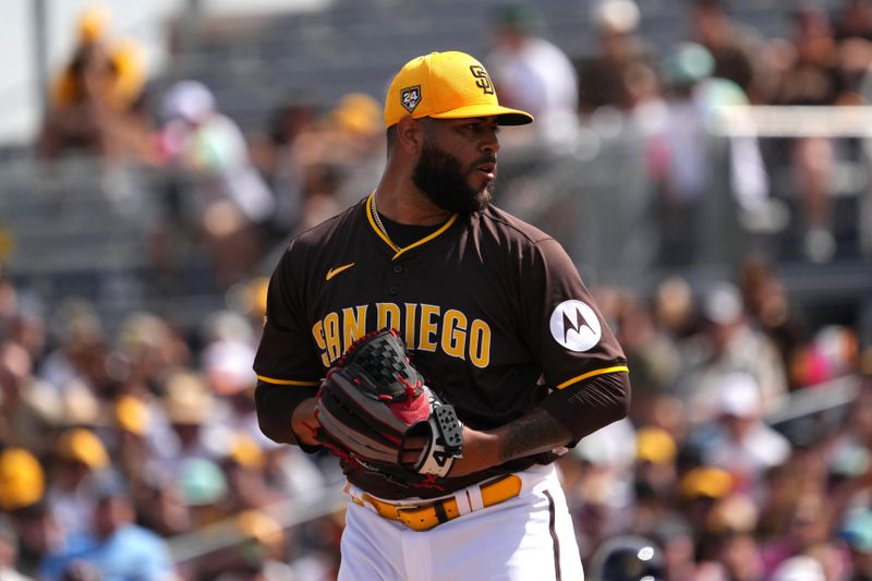 Feb 24, 2024; Peoria, Arizona, USA; San Diego Padres pitcher Pedro Avila pitches against the Milwaukee Brewers during the first inning of a Spring Training game at Peoria Sports Complex. Mandatory Credit: Joe Camporeale-USA TODAY Sports