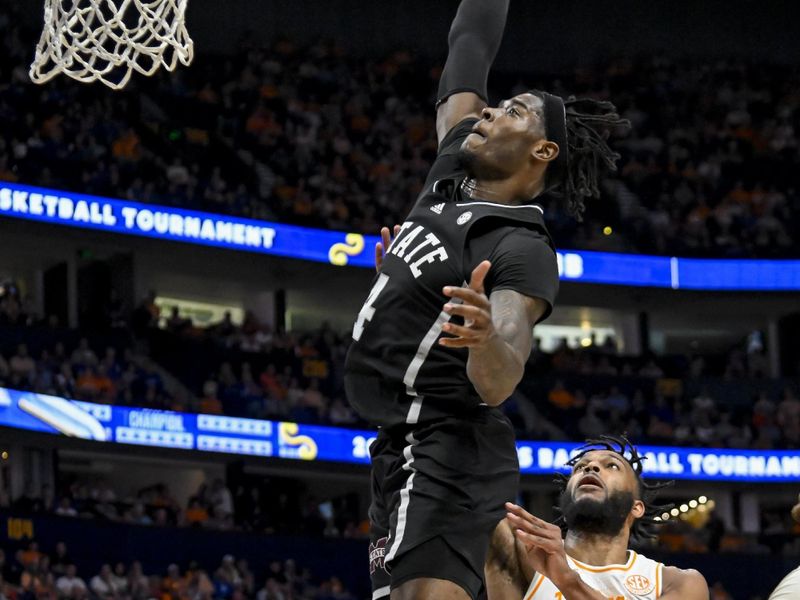 Mar 15, 2024; Nashville, TN, USA; Mississippi State Bulldogs forward Cameron Matthews (4) dunks the ball against the Tennessee Volunteers during the first half at Bridgestone Arena. Mandatory Credit: Steve Roberts-USA TODAY Sports