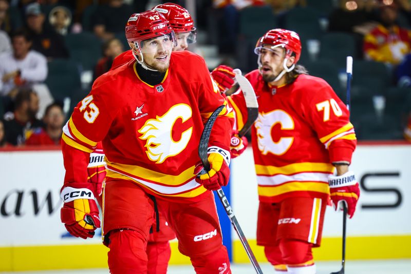 Sep 28, 2024; Calgary, Alberta, CAN; Calgary Flames right wing Adam Klapka (43) celebrates his goal with teammates against the Vancouver Canucks during the second period at Scotiabank Saddledome. Mandatory Credit: Sergei Belski-Imagn Images