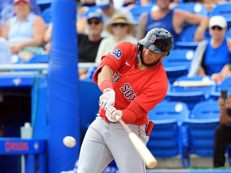 Mar 2, 2026; Dunedin, Florida, USA;  Boston Red Sox center fielder Allan Castro (94) singles during the second inning against the Toronto Blue Jays at TD Ballpark. Mandatory Credit: Kim Klement Neitzel-Imagn Images