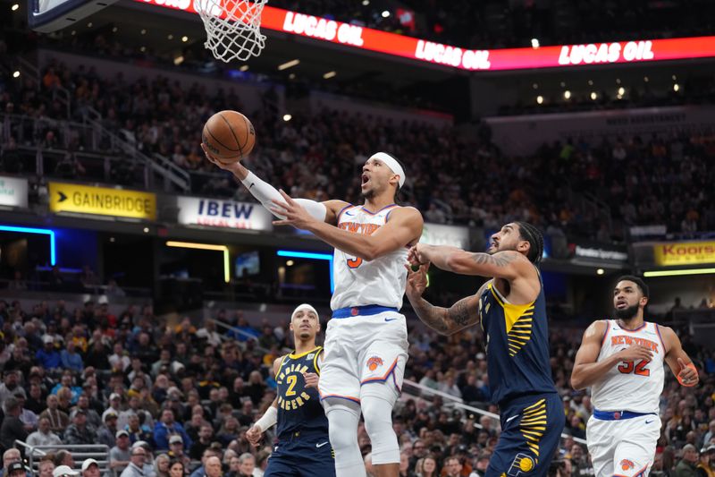 INDIANAPOLIS, IN - FEBRUARY 11: Josh Hart #3 of the New York Knicks drives to the basket during the game against the Indiana Pacers on February 11, 2025 at Gainbridge Fieldhouse in Indianapolis, Indiana. NOTE TO USER: User expressly acknowledges and agrees that, by downloading and or using this Photograph, user is consenting to the terms and conditions of the Getty Images License Agreement. Mandatory Copyright Notice: Copyright 2025 NBAE (Photo by A.J. Mast/NBAE via Getty Images)
