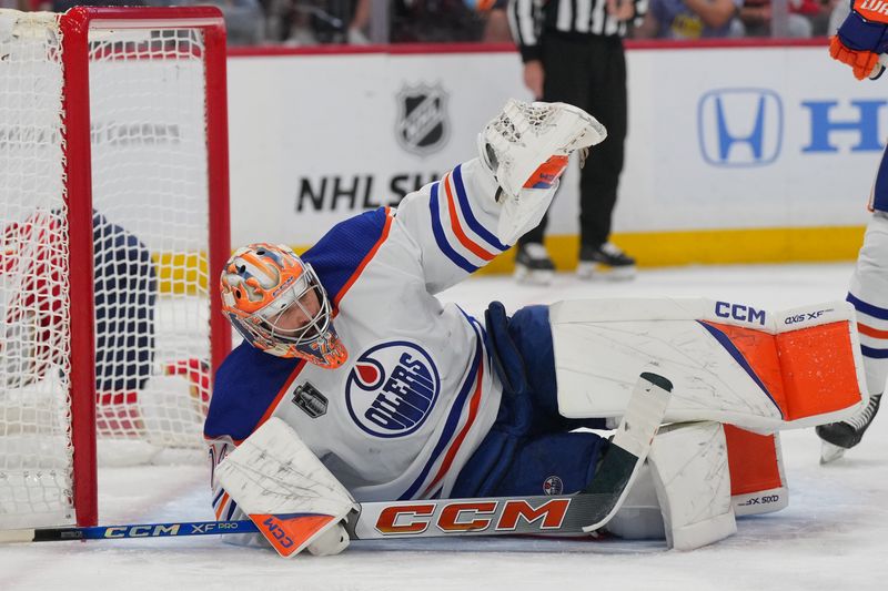 Jun 24, 2024; Sunrise, Florida, USA; Edmonton Oilers goaltender Skinner Stuart (74) on the ice during the second period against the Florida Panthers in game seven of the 2024 Stanley Cup Final at Amerant Bank Arena. Mandatory Credit: Jim Rassol-USA TODAY Sports