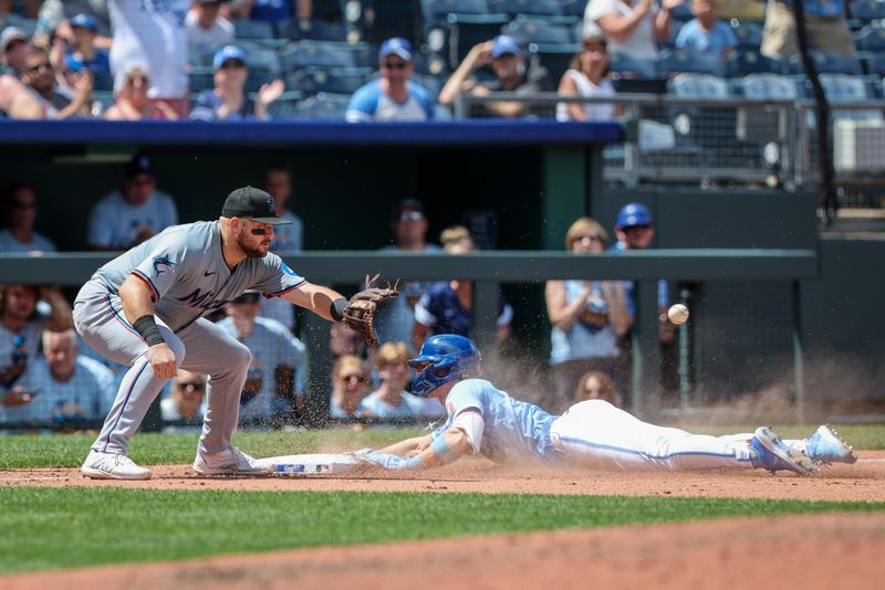 Jun 26, 2024; Kansas City, Missouri, USA; Kansas City Royals shortstop Bobby Witt Jr. (7) dives into third base under the throw against the Miami Marlins during the ninth inning at Kauffman Stadium. Mandatory Credit: William Purnell-USA TODAY Sports