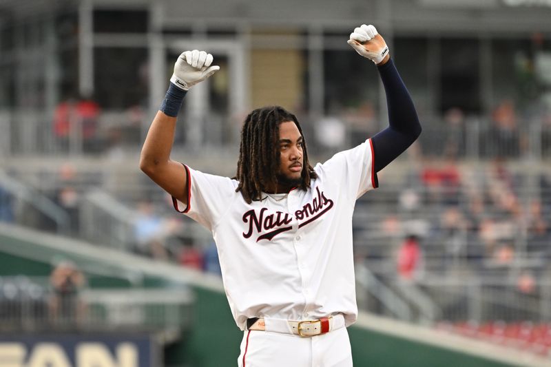 Aug 6, 2024; Washington, District of Columbia, USA; Washington Nationals center fielder James Wood (29) celebrates after hitting a triple against the San Francisco Giants during the second inning at Nationals Park. Mandatory Credit: Rafael Suanes-USA TODAY Sports
