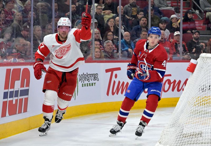 Apr 16, 2024; Montreal, Quebec, CAN; Detroit Red Wings forward Daniel Sprong (17) celebrates after scoring a goal against the Montreal Canadiens during the third period at the Bell Centre. Mandatory Credit: Eric Bolte-USA TODAY Sports