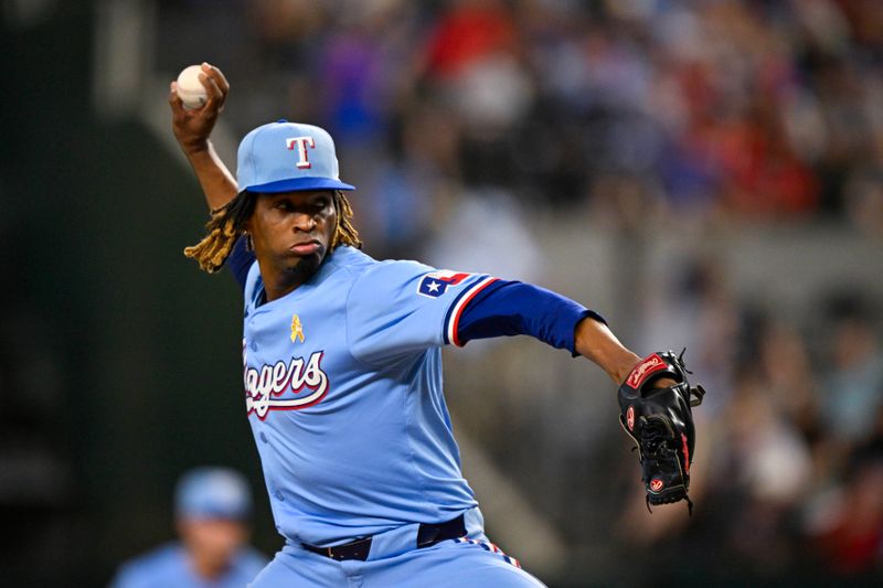 Sep 1, 2024; Arlington, Texas, USA; Texas Rangers relief pitcher Jose Urena (54) pitches against the Oakland Athletics during the fourth inning at Globe Life Field. Mandatory Credit: Jerome Miron-USA TODAY Sports