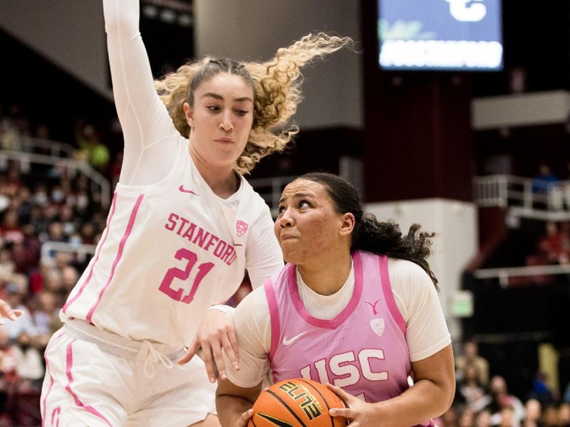 Feb 17, 2023; Stanford, California, USA;  USC Trojans guard Destiny Littleton (11) drives past Stanford Cardinal forward Brooke Demetre (21) during the first half at Maples Pavilion. Mandatory Credit: John Hefti-USA TODAY Sports