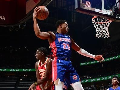 ATLANTA, GA - DECEMBER 18: Jaden Ivey #23 of the Detroit Pistons grabs the rebound during the game  on December 18, 2023 at State Farm Arena in Atlanta, Georgia.  NOTE TO USER: User expressly acknowledges and agrees that, by downloading and/or using this Photograph, user is consenting to the terms and conditions of the Getty Images License Agreement. Mandatory Copyright Notice: Copyright 2023 NBAE (Photo by Scott Cunningham/NBAE via Getty Images)