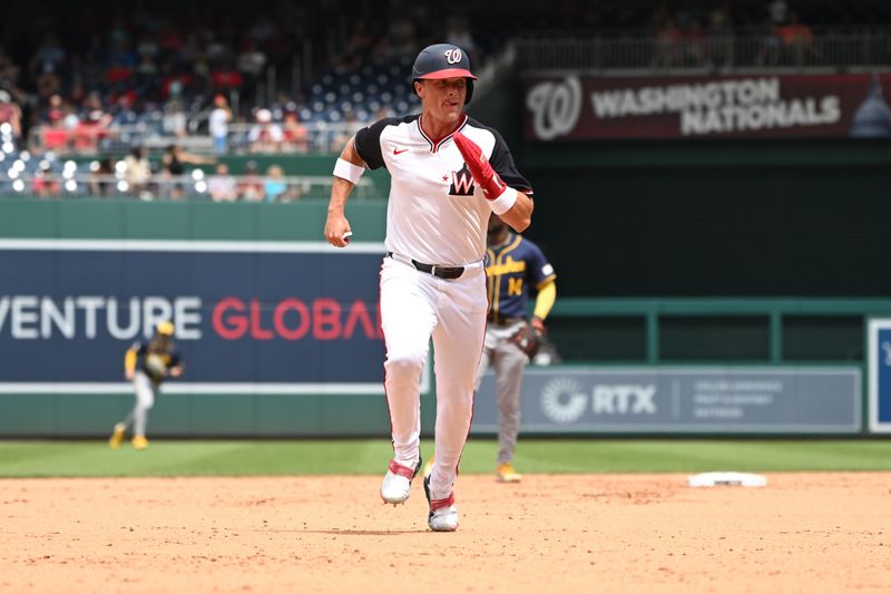 Aug 4, 2024; Washington, District of Columbia, USA; Washington Nationals right fielder Alex Call (17) runs to third base against the Milwaukee Brewers during the fifth inning at Nationals Park. Mandatory Credit: Rafael Suanes-USA TODAY Sports