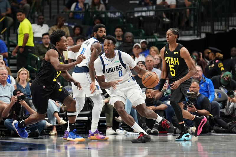 DALLAS, TX - OCTOBER 10: Olivier Maxence-Prosper #8 of the Dallas Mavericks dribbles the ball during the game against the Utah Jazz on October 10, 2024 at American Airlines Center in Dallas, Texas. NOTE TO USER: User expressly acknowledges and agrees that, by downloading and or using this photograph, User is consenting to the terms and conditions of the Getty Images License Agreement. Mandatory Copyright Notice: Copyright 2024 NBAE (Photo by Glenn James/NBAE via Getty Images)