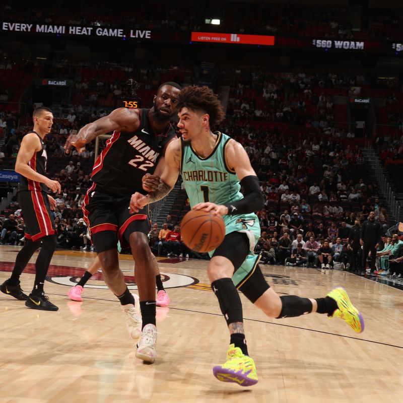 MIAMI, FL - March 23:  LaMelo Ball #1 of the Charlotte Hornets dribbles the ball during the game against the Miami Heat on March 23, 2025 at Kaseya Center in Miami, Florida. NOTE TO USER: User expressly acknowledges and agrees that, by downloading and or using this Photograph, user is consenting to the terms and conditions of the Getty Images License Agreement. Mandatory Copyright Notice: Copyright 2025 NBAE (Photo by Issac Baldizon/NBAE via Getty Images)