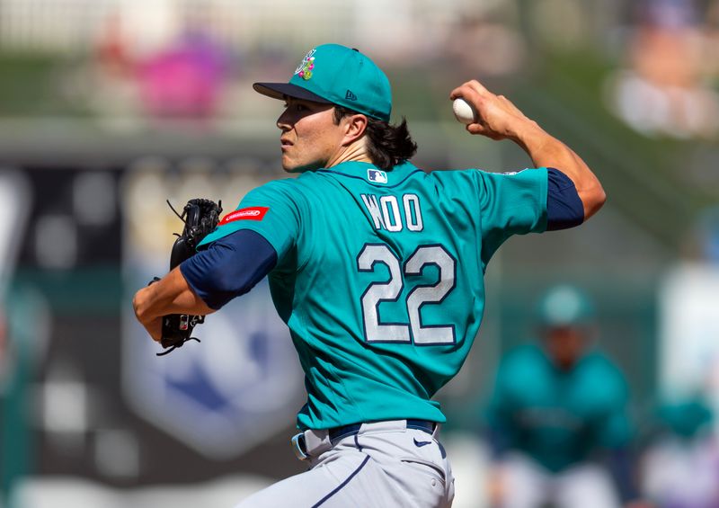 Feb 25, 2026; Surprise, Arizona, USA; Seattle Mariners pitcher Bryan Woo against the Kansas City Royals during a spring training game at Surprise Stadium. Mandatory Credit: Mark J. Rebilas-Imagn Images