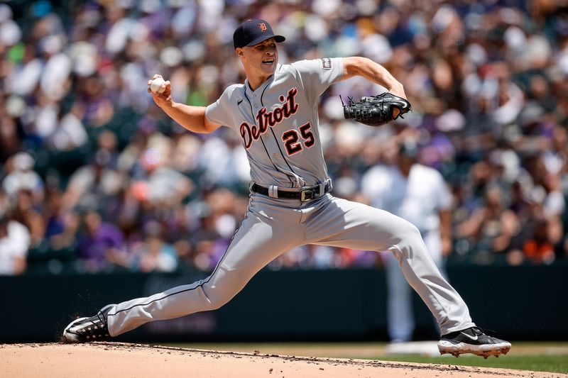 Jul 2, 2023; Denver, Colorado, USA; Detroit Tigers starting pitcher Matt Manning (25) pitches in the first inning against the Colorado Rockies at Coors Field. Mandatory Credit: Isaiah J. Downing-USA TODAY Sports