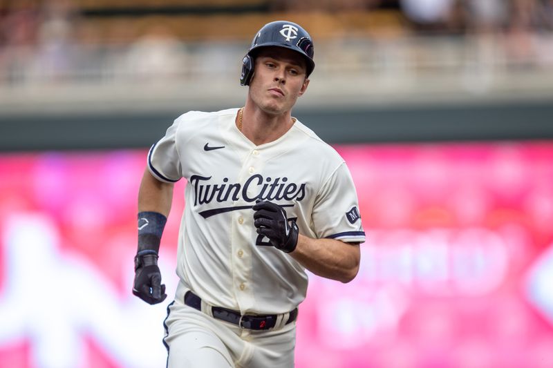 May 10, 2023; Minneapolis, Minnesota, USA; Minnesota Twins right fielder Max Kepler (26) rounds second base after hitting a solo home run in the first inning against the San Diego Padres at Target Field. Mandatory Credit: Jesse Johnson-USA TODAY Sports