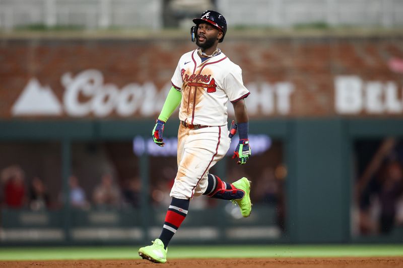 Apr 24, 2024; Atlanta, Georgia, USA; Atlanta Braves center fielder Michael Harris II (23) celebrates after a walk-off double against the Miami Marlins in the tenth inning at Truist Park. Mandatory Credit: Brett Davis-USA TODAY Sports
