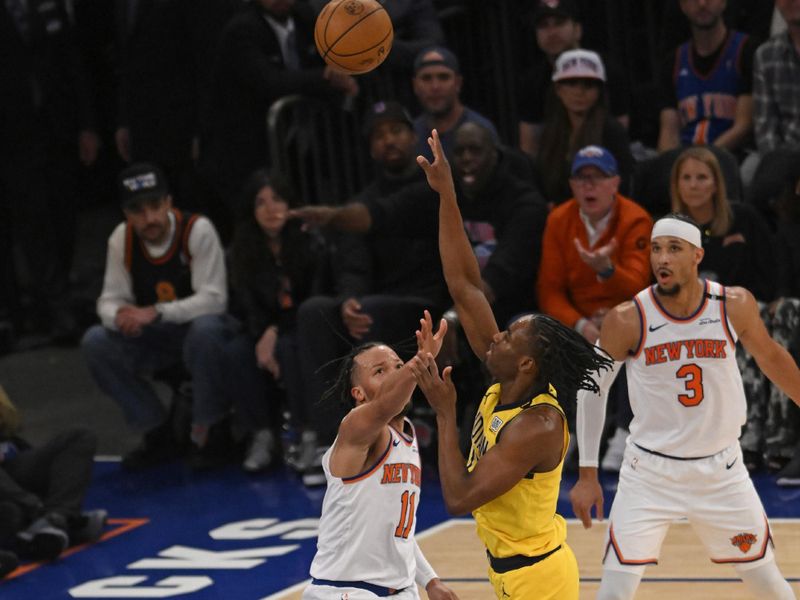 NEW YORK, NY - MAY 23: Aaron Nesmith #23 of the Indiana Pacers shoots the ball during the game against the New York Knicks during Game Two of the 2025 Eastern Conference Finals on May 23, 2025 at Madison Square Garden in New York City, New York.  NOTE TO USER: User expressly acknowledges and agrees that, by downloading and or using this photograph, User is consenting to the terms and conditions of the Getty Images License Agreement. Mandatory Copyright Notice: Copyright 2025 NBAE  (Photo by David Dow/NBAE via Getty Images)