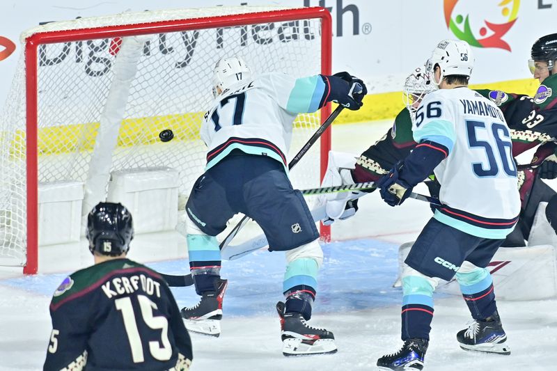 Nov 7, 2023; Tempe, Arizona, USA; Seattle Kraken center Jaden Schwartz (17) scores in the third period against the Arizona Coyotes at Mullett Arena. Mandatory Credit: Matt Kartozian-USA TODAY Sports