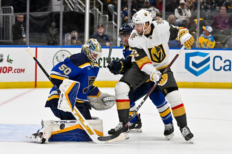 Dec 6, 2023; St. Louis, Missouri, USA;  St. Louis Blues goaltender Jordan Binnington (50) defends the net against Vegas Golden Knights right wing Michael Amadio (22) during the first period at Enterprise Center. Mandatory Credit: Jeff Curry-USA TODAY Sports