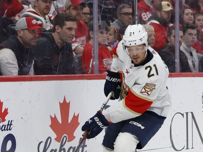 Mar 2, 2024; Detroit, Michigan, USA; Florida Panthers center Nick Cousins (21) skates with the puck in the first period against the Detroit Red Wings at Little Caesars Arena. Mandatory Credit: Rick Osentoski-USA TODAY Sports