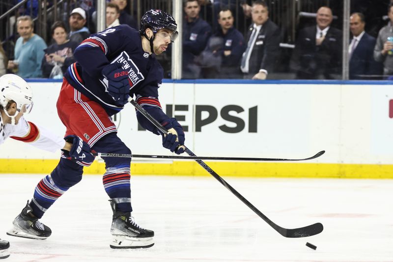 Oct 24, 2024; New York, New York, USA;  New York Rangers center Filip Chytil (72) controls the puck in the second period against the Florida Panthers at Madison Square Garden. Mandatory Credit: Wendell Cruz-Imagn Images