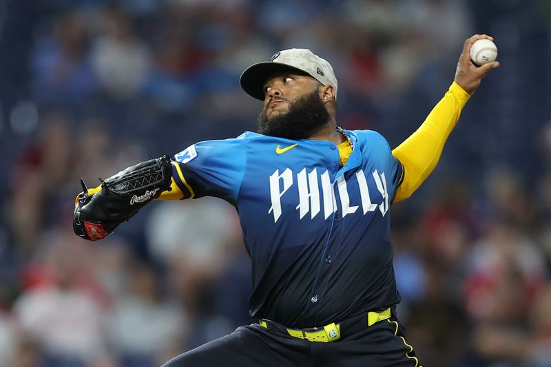 May 16, 2025; Philadelphia, Pennsylvania, USA; Philadelphia Phillies pitcher José Alvarado (46) pitches during the ninth inning against the Pittsburgh Pirates at Citizens Bank Park. Mandatory Credit: Bill Streicher-Imagn Images