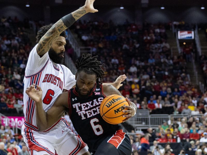 Mar 15, 2024; Kansas City, MO, USA; Texas Tech Red Raiders guard Joe Toussaint (6) collides with [h6] during the second half at T-Mobile Center. Mandatory Credit: William Purnell-USA TODAY Sports