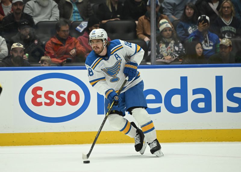Mar 21, 2026; Vancouver, British Columbia, CAN; St. Louis Blues center Robert Thomas (18) skates with the puck against Vancouver Canucks during the first period at Rogers Arena. Mandatory Credit: Simon Fearn-Imagn Images
