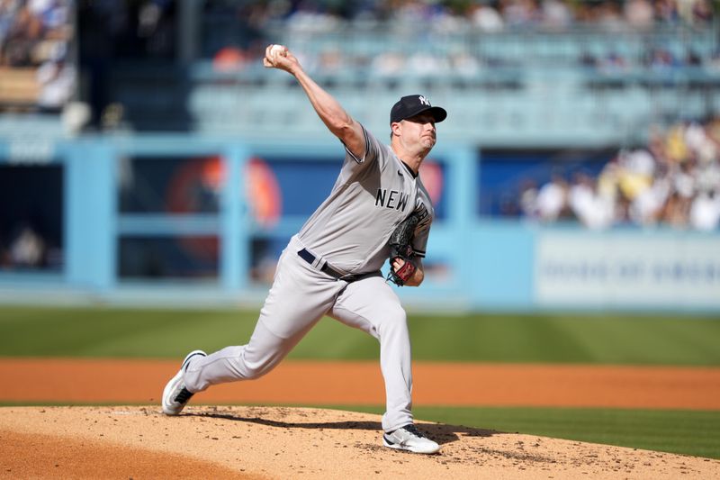 Jun 3, 2023; Los Angeles, California, USA; New York Yankees starting pitcher Gerrit Cole (45) throws in the second inning against the Los Angeles Dodgers at Dodger Stadium. Mandatory Credit: Kirby Lee-USA TODAY Sports