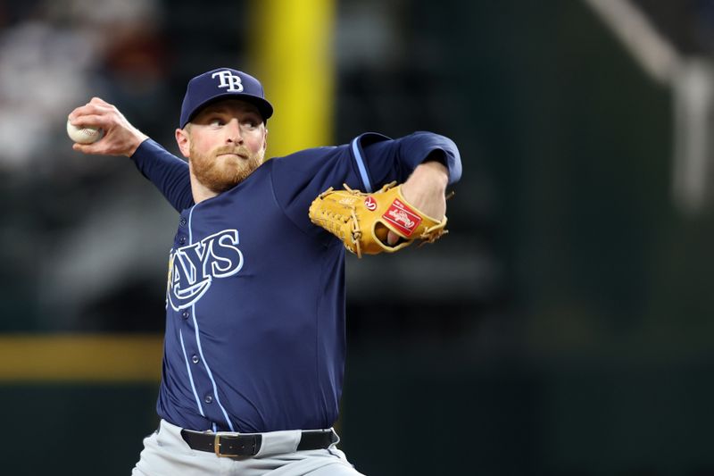 Apr 6, 2025; Arlington, Texas, USA; Tampa Bay Rays pitcher Drew Rasmussen (57) throws a pitch during the third inning against the Texas Rangers at Globe Life Field. Mandatory Credit: Tim Heitman-Imagn Images