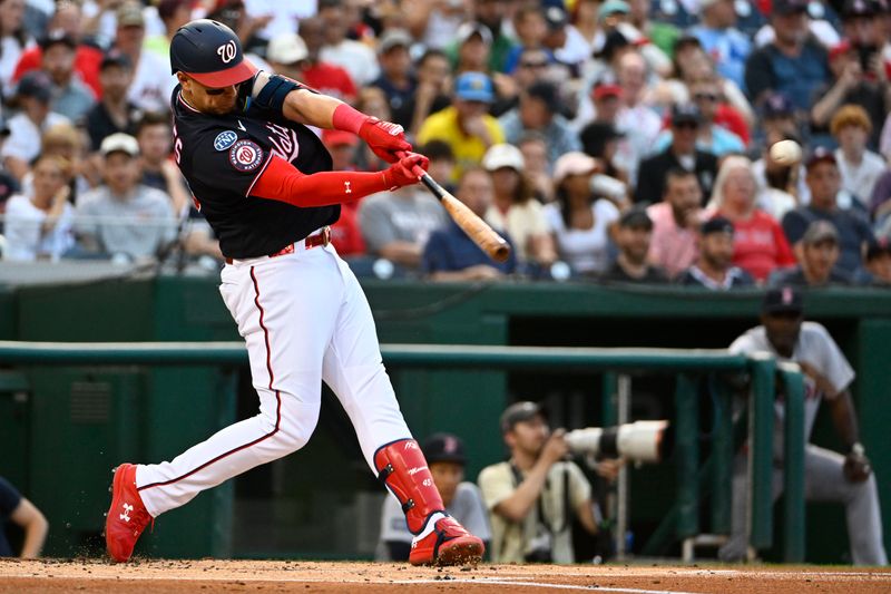 Aug 16, 2023; Washington, District of Columbia, USA; Washington Nationals designated hitter Joey Meneses (45) hits a double against the Boston Red Sox during the first inning at Nationals Park. Mandatory Credit: Brad Mills-USA TODAY Sports