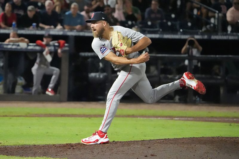 Sep 21, 2025; Tampa, Florida, USA; Boston Red Sox relief pitcher Greg Weissert (57) throws a pitch against the Tampa Bay Rays during the fifth inning at George M. Steinbrenner Field. Mandatory Credit: Dave Nelson-Imagn Images