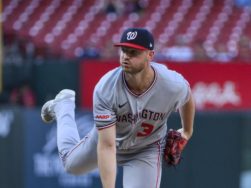 Jul 10, 2025; St. Louis, Missouri, USA; Washington Nationals starting pitcher Michael Soroka (34) pitches against the St. Louis Cardinals during the first inning at Busch Stadium. Mandatory Credit: Jeff Curry-Imagn Images