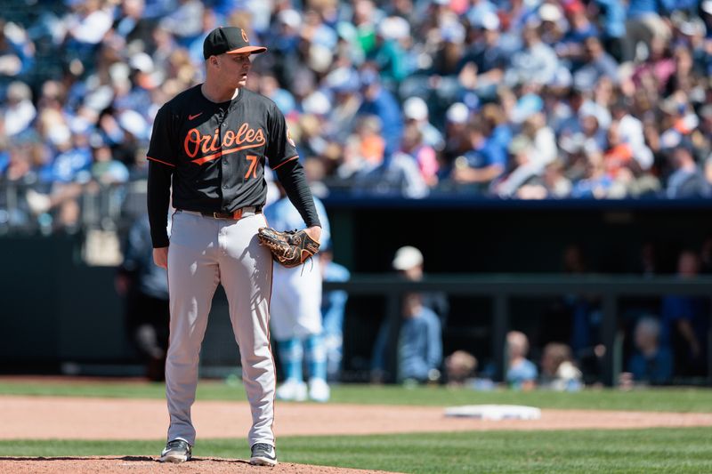 Apr 21, 2024; Kansas City, Missouri, USA; Baltimore Orioles pitcher Jacob Webb (71) on the mound during the sixth inning against the Kansas City Royals at Kauffman Stadium. Mandatory Credit: William Purnell-USA TODAY Sports