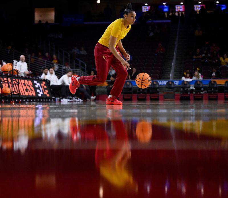 Mar 25, 2024; Los Angeles, CA, USA; USC Trojans guard JuJu Watkins during pregame warmups before playing the Kansas Jayhawks at an NCAA Women’s Tournament 2nd round game at Galen Center. Mandatory Credit: Robert Hanashiro-USA TODAY Sports