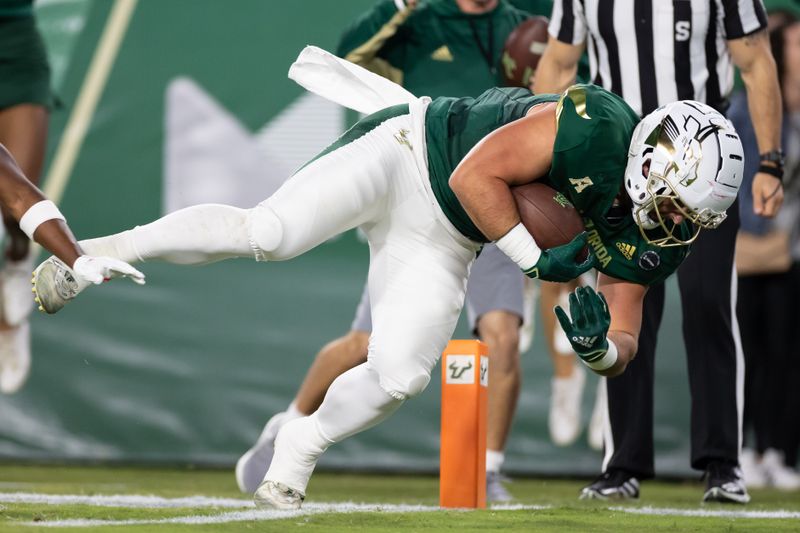 Nov 6, 2021; Tampa, Florida, USA; South Florida Bulls tight end Mitchell Brinkman (89) scores a touchdown during the first half against the Houston Cougars at Raymond James Stadium. Mandatory Credit: Matt Pendleton-USA TODAY Sports