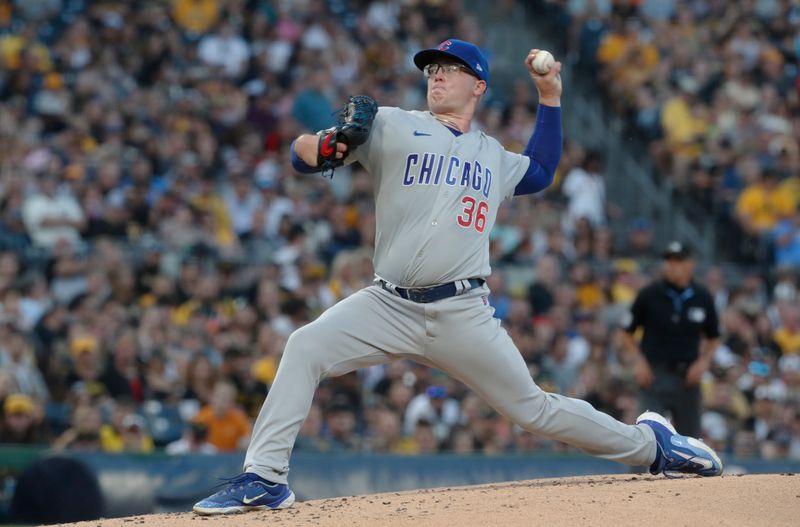 Aug 26, 2023; Pittsburgh, Pennsylvania, USA;  Chicago Cubs starting pitcher Jordan Wicks (36) delivers a pitch in his major league debut against the Pittsburgh Pirates during the first inning at PNC Park. Mandatory Credit: Charles LeClaire-USA TODAY Sports