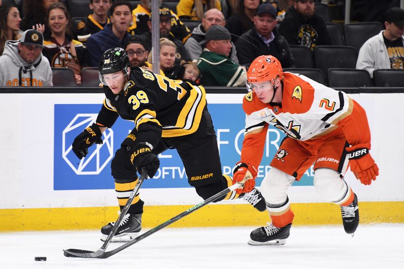Oct 23, 2025; Boston, Massachusetts, USA; Boston Bruins center Morgan Geekie (39) and Anaheim Ducks defenseman Jackson Lacombe (2) battle for the puck  during the third period at TD Garden. Mandatory Credit: Bob DeChiara-Imagn Images