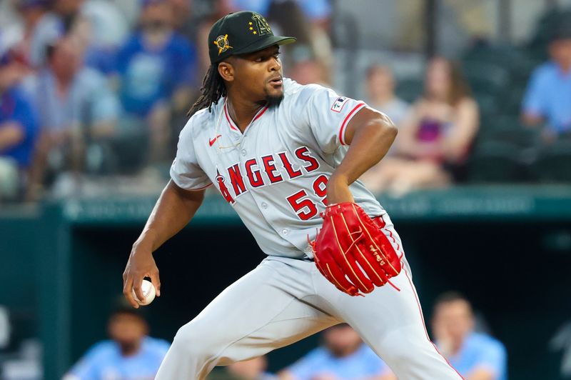 May 19, 2024; Arlington, Texas, USA; Los Angeles Angels pitcher Jose Soriano (59) throws during the first inning against the Texas Rangers at Globe Life Field. Mandatory Credit: Kevin Jairaj-USA TODAY Sports