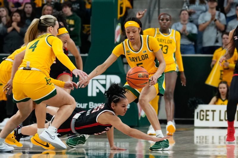 Feb 18, 2024; Waco, Texas, USA;  Texas Tech Red Raiders guard Ashley Chevalier (25) loses controls of the ball against Baylor Lady Bears guard Darianna Littlepage-Buggs (5) during the first half at Paul and Alejandra Foster Pavilion. Mandatory Credit: Chris Jones-USA TODAY Sports

