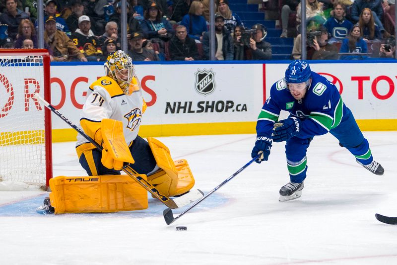 Jan 3, 2025; Vancouver, British Columbia, CAN; Nashville Predators goalie Juuse Saros (74) watches Vancouver Canucks forward Nils Hoglander (21) control a rebound in the second period at Rogers Arena. Mandatory Credit: Bob Frid-Imagn Images