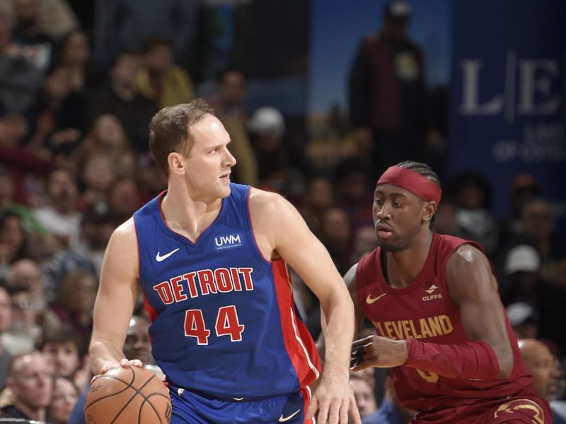 CLEVELAND, OH - JANUARY 31: Bojan Bogdanovic #44 of the Detroit Pistons dribbles the ball during the game against the Cleveland Cavaliers on January 31, 2024 at Rocket Mortgage FieldHouse in Cleveland, Ohio. NOTE TO USER: User expressly acknowledges and agrees that, by downloading and/or using this Photograph, user is consenting to the terms and conditions of the Getty Images License Agreement. Mandatory Copyright Notice: Copyright 2024 NBAE (Photo by David Liam Kyle/NBAE via Getty Images)