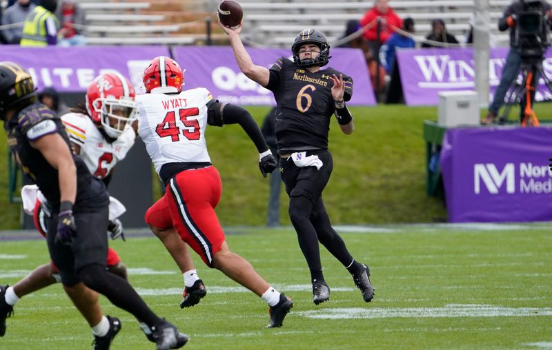 Oct 28, 2023; Evanston, Illinois, USA; Northwestern Wildcats quarterback Brendan Sullivan (6) looks to pass against the Maryland Terrapins during the second half at Ryan Field. Mandatory Credit: David Banks-USA TODAY Sports