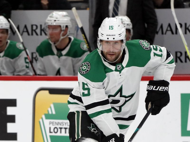 Oct 24, 2023; Pittsburgh, Pennsylvania, USA; Dallas Stars center Craig Smith (15) skates with the puck against the Pittsburgh Penguins during the second period at PPG Paints Arena. Dallas won 4-1. Mandatory Credit: Charles LeClaire-USA TODAY Sports