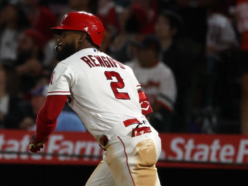 Sep 6, 2023; Anaheim, California, USA;  Los Angeles Angels shortstop Luis Rengifo (2) hits a 2-run home run during the third inning against the Baltimore Orioles at Angel Stadium. Mandatory Credit: Kiyoshi Mio-USA TODAY Sports