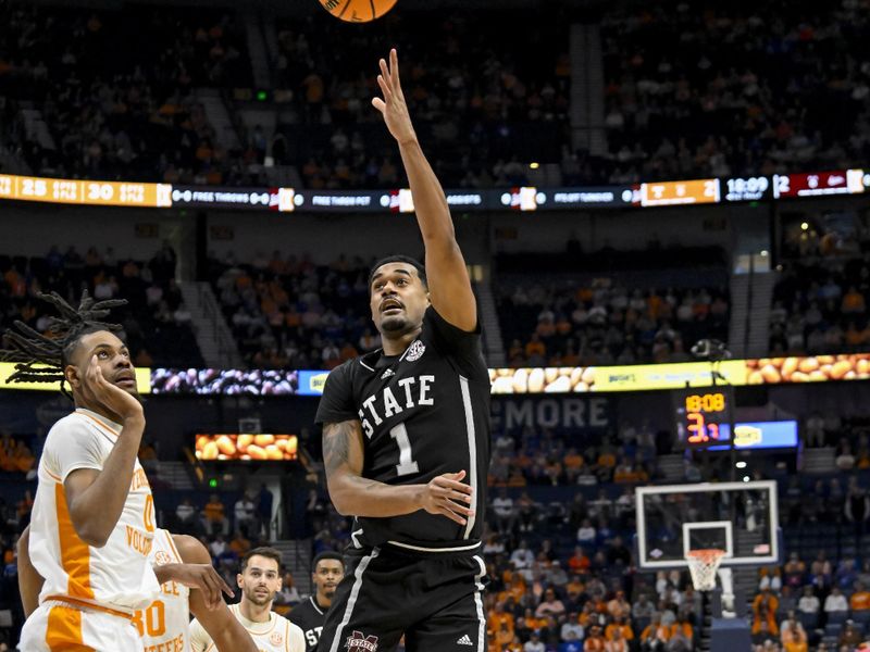 Mar 15, 2024; Nashville, TN, USA; Mississippi State Bulldogs forward Tolu Smith (1) shoots against the Tennessee Volunteers during the first half at Bridgestone Arena. Mandatory Credit: Steve Roberts-USA TODAY Sports